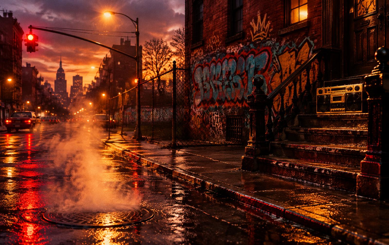 Gritty New York street corner at dusk — wet asphalt, graffiti wall, steam and a gold boombox on the stoop